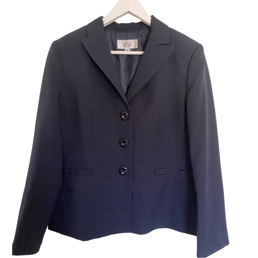 Le Suit Blue Navy Pinstripe Three Button Blazer Office Attire for Women’s 12